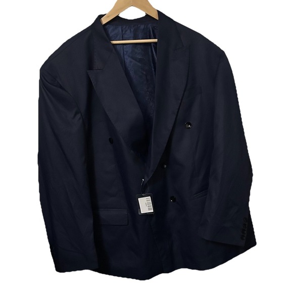 NEW French Crown Men's 58 Blue Solid Wool Rich Double Breasted Suit Jacket SJ005